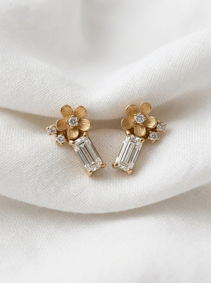 14K Gold Diamond Flower Stud Earrings