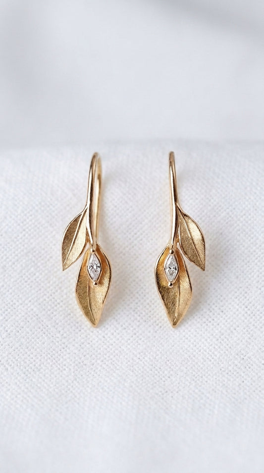 14K Gold Leaves Diamond Drop Earrings