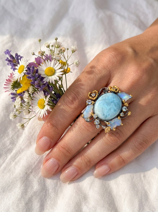 925 silver larimar opal statement ring
