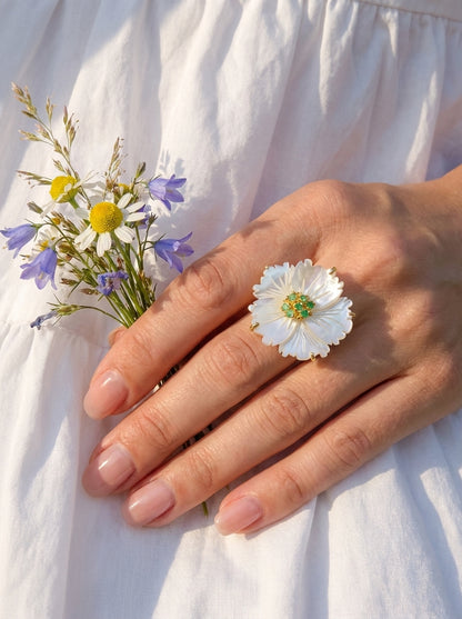 925 silver mother of pearl flower ring