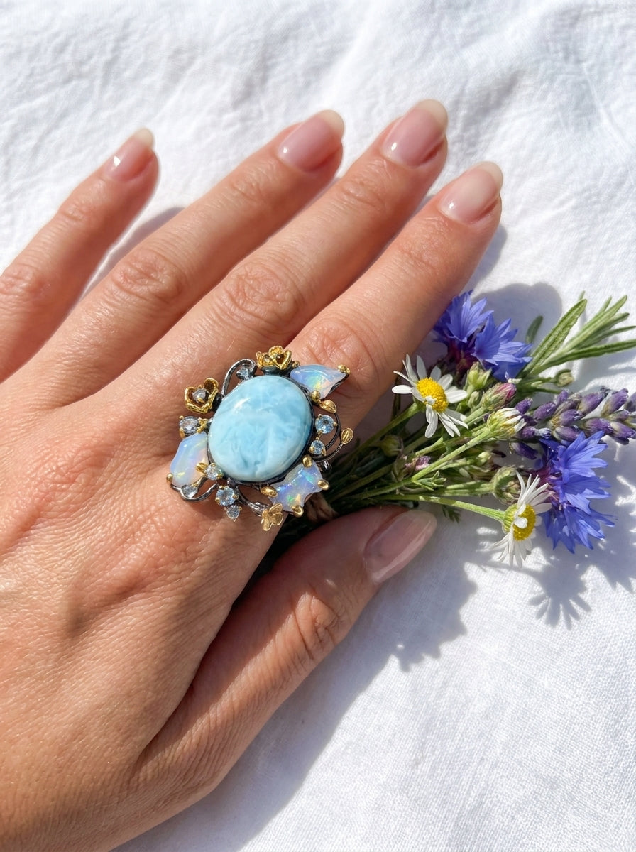 925 silver larimar opal statement ring
