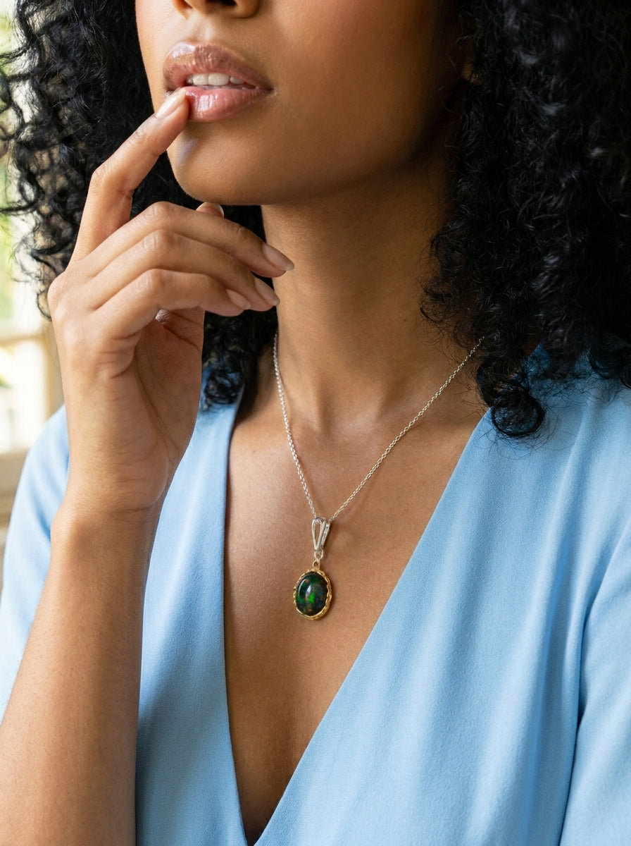 925 silver oval black opal necklace