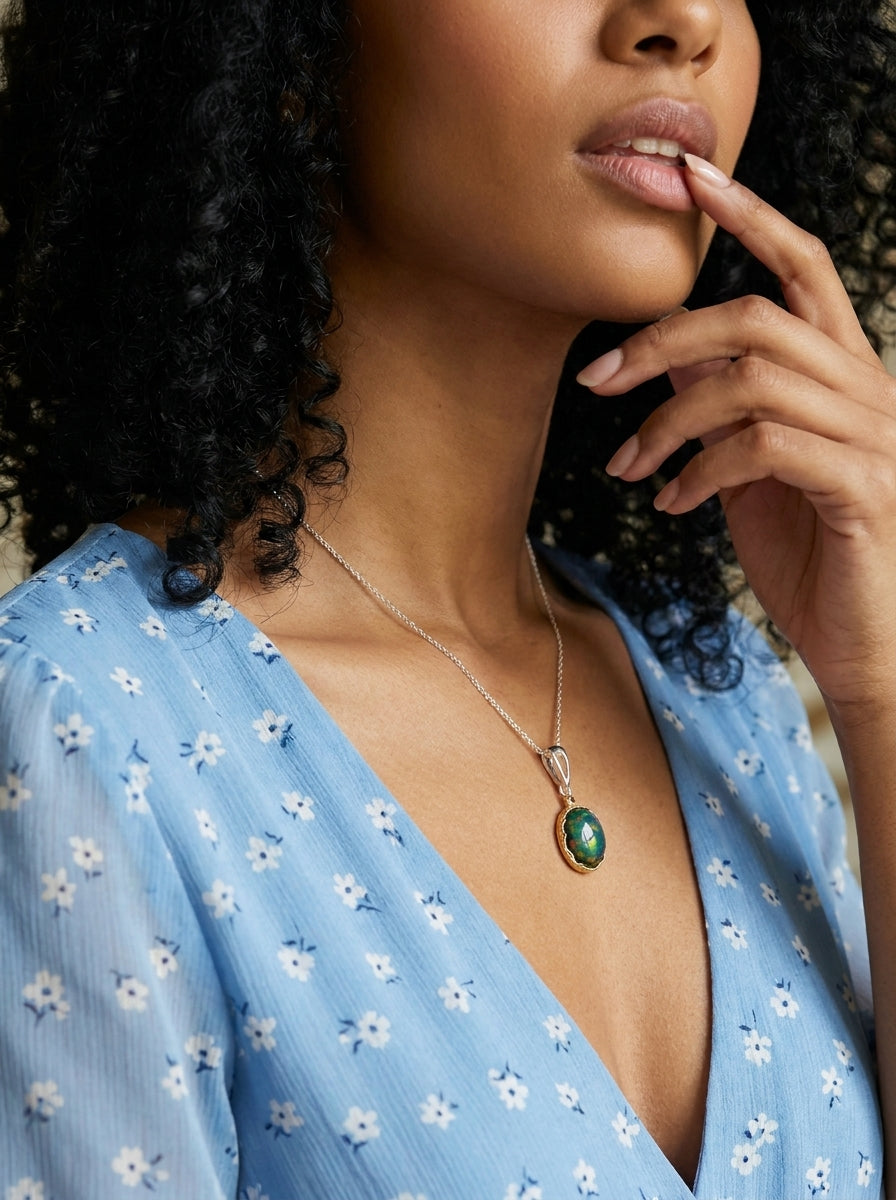 925 silver oval black opal necklace