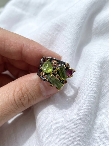 925 Sterling Silver Raw Tourmaline Statement Ring