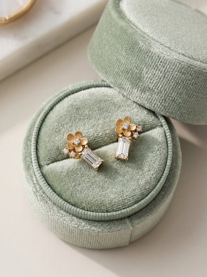 14K Gold Diamond Flower Stud Earrings