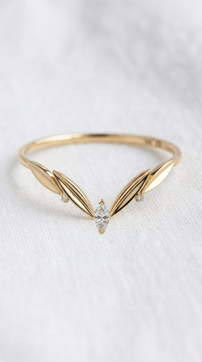 14K Gold Leaf Marquise Wedding Band