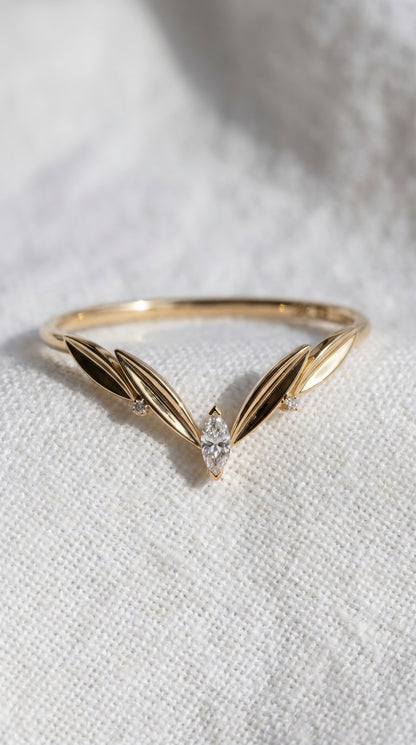 14K Gold Leaf Marquise Wedding Band