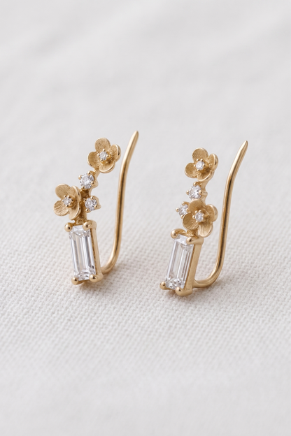 14K Gold Diamond Flowers Ear Climbers
