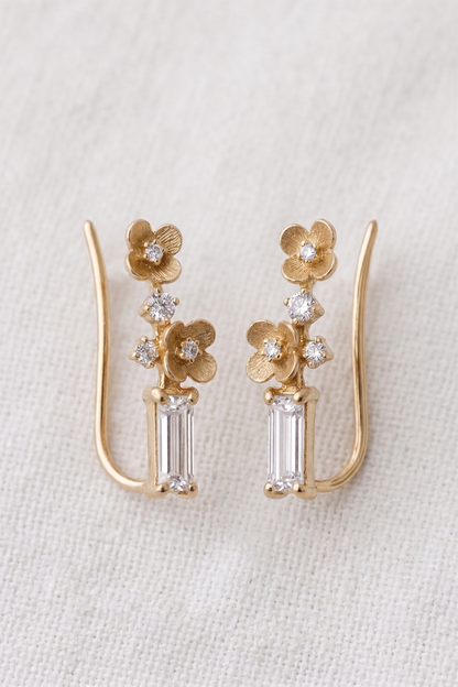 14K Gold Diamond Flowers Ear Climbers