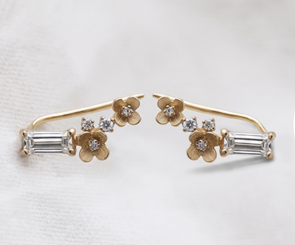 14K Gold Diamond Flowers Ear Climbers