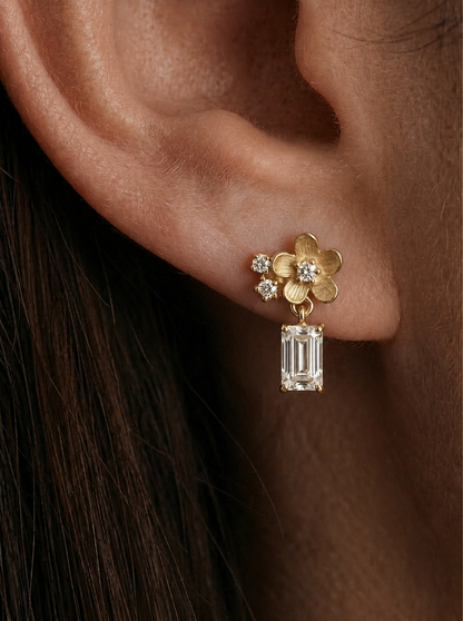 14K Gold Diamond Flower Drop Earrings