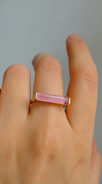 14K Gold Pink Tourmaline Long Bar Ring