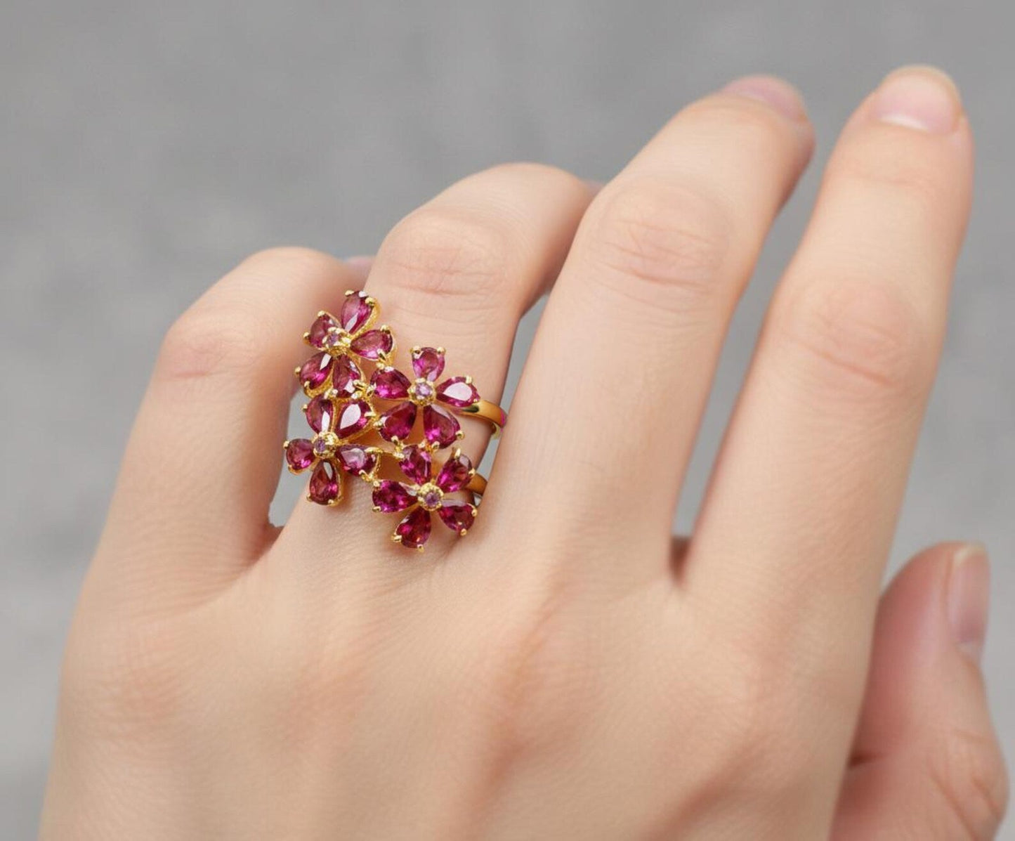 925 Sterling Silver Pink Rhodolite Flower Ring
