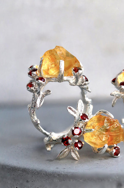 925 Sterling Silver Raw Yellow Citrine Ring