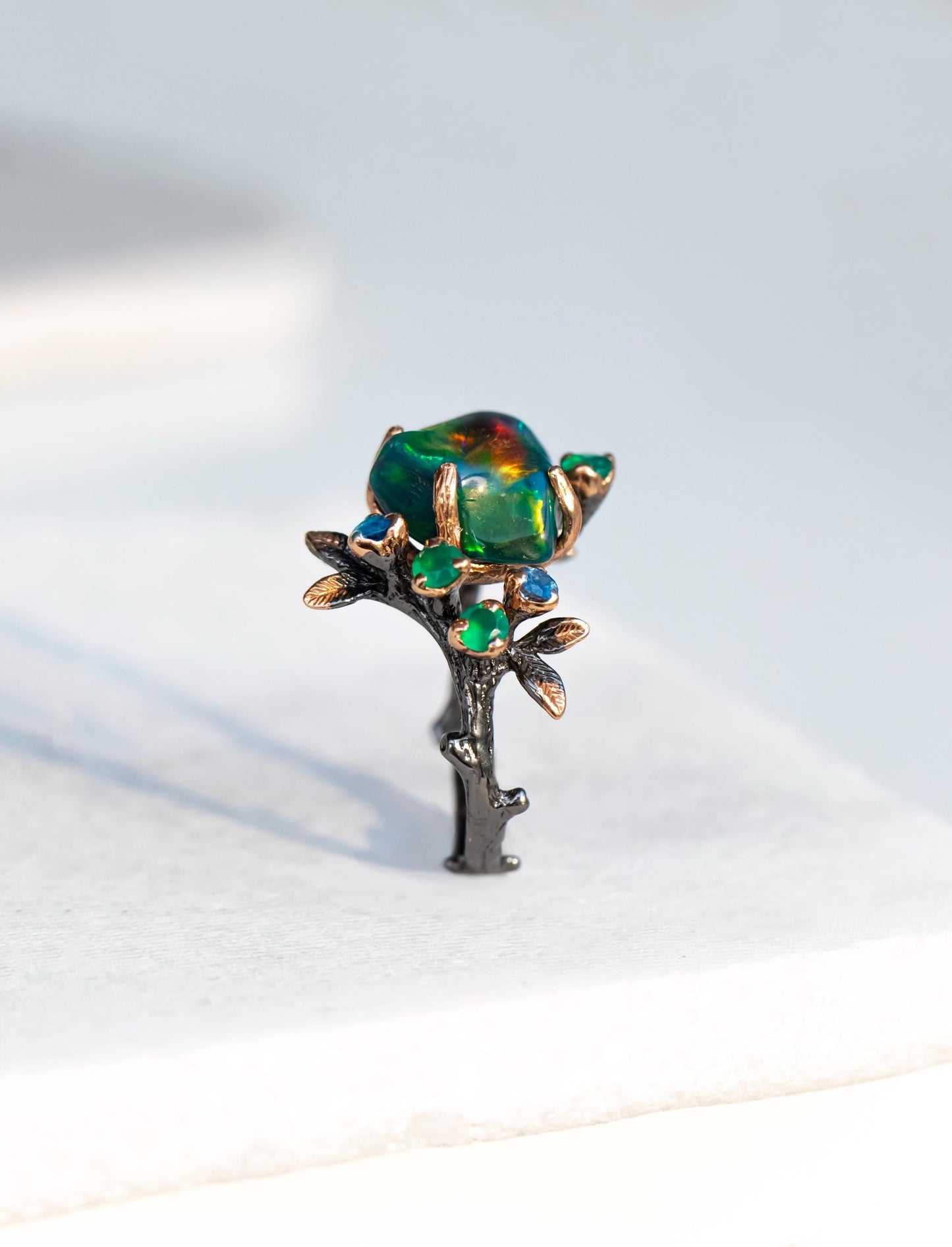 925 Sterling Silver Raw Black Opal Branch Ring