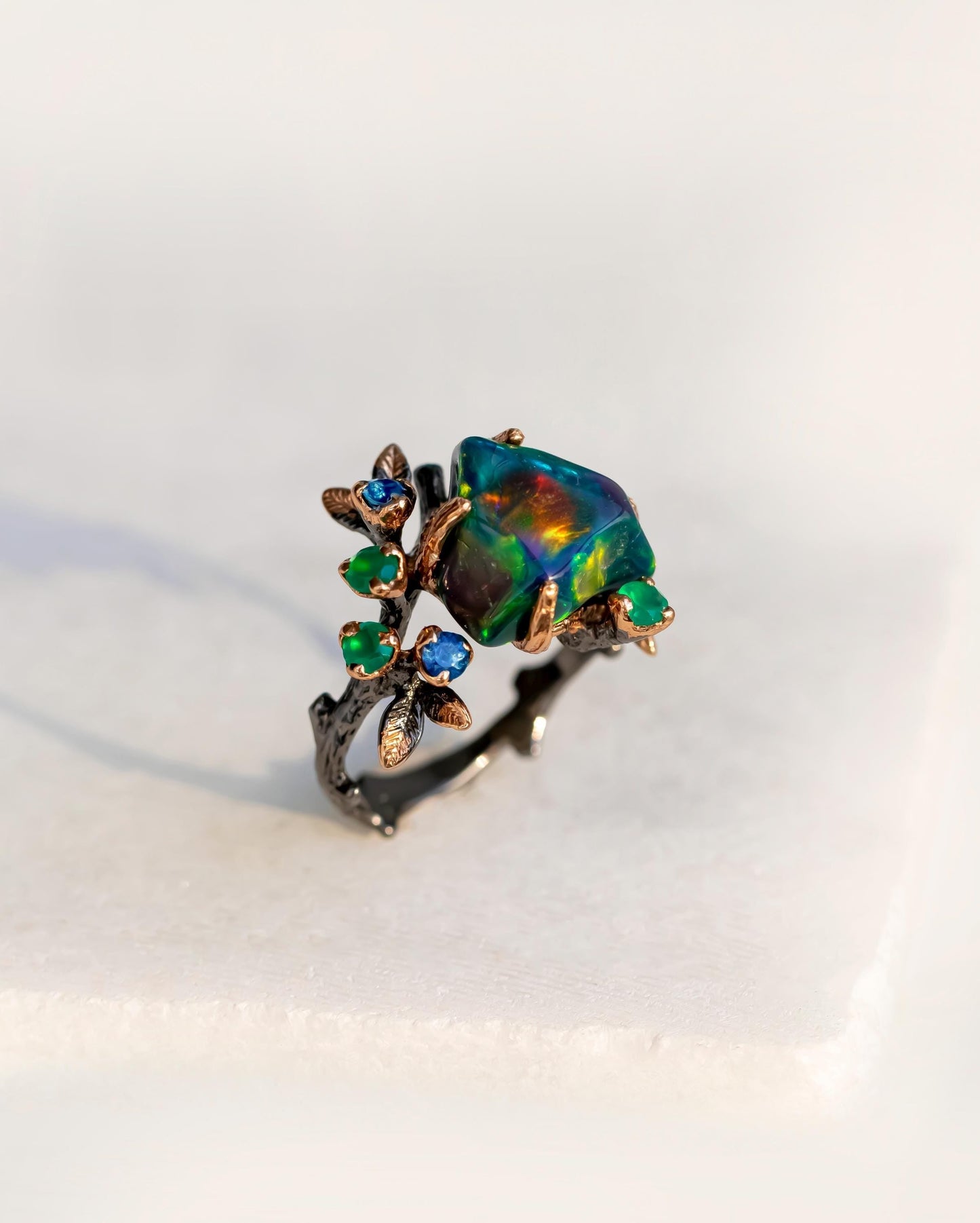 925 Sterling Silver Raw Black Opal Branch Ring