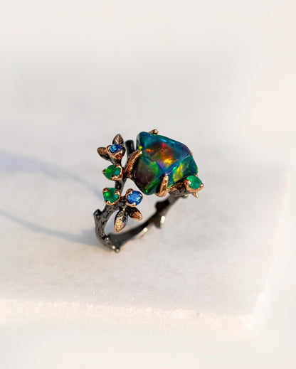 925 Sterling Silver Raw Black Opal Branch Ring