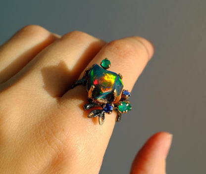 925 Sterling Silver Raw Black Opal Branch Ring