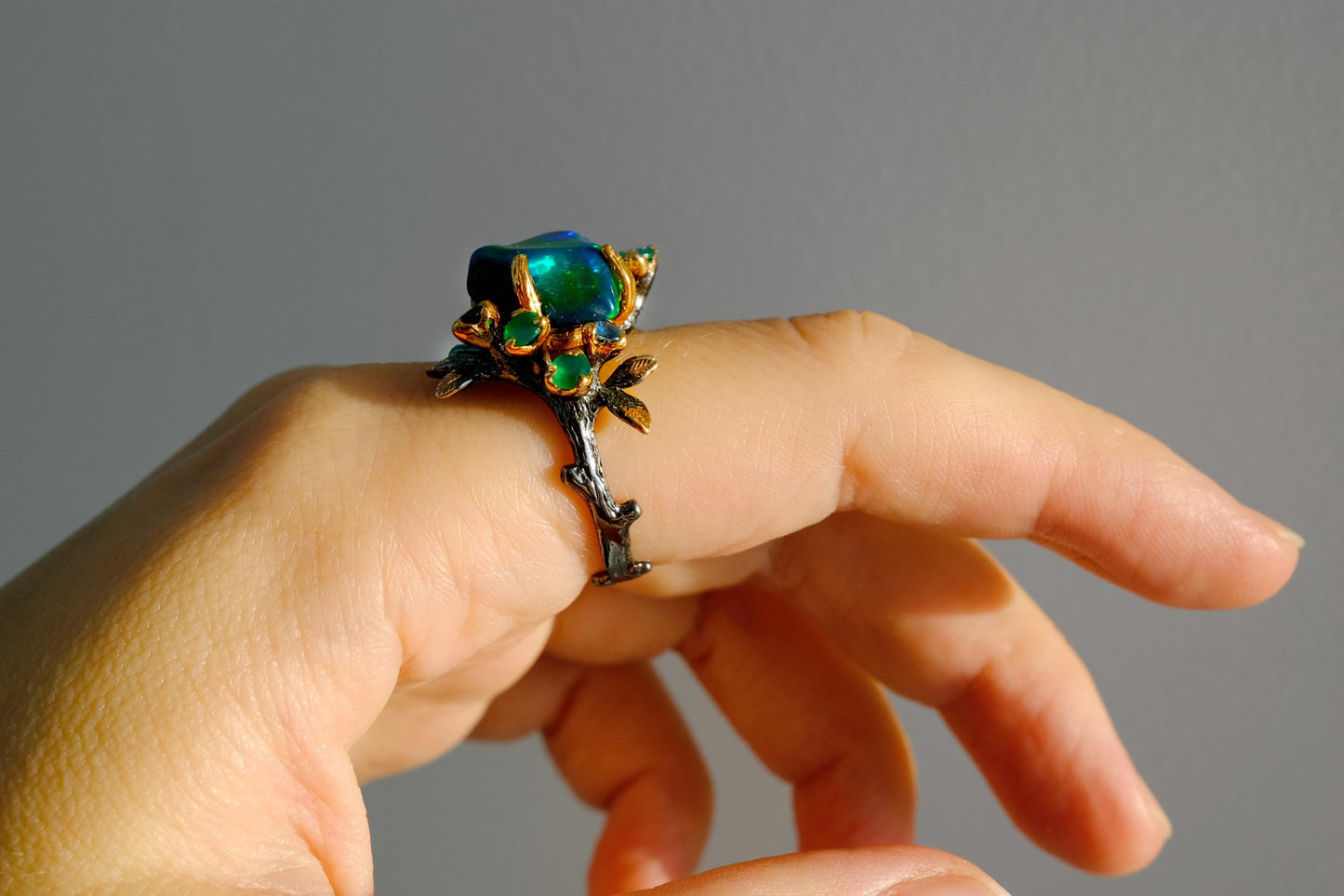 925 Sterling Silver Raw Black Opal Branch Ring