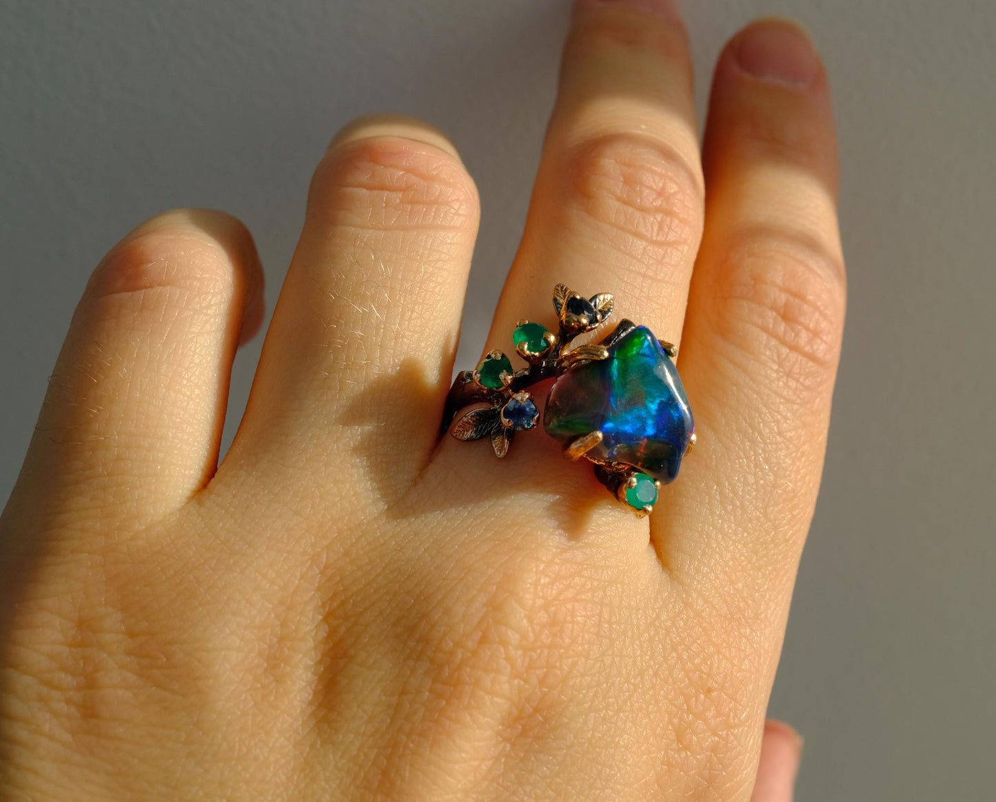925 Sterling Silver Raw Black Opal Branch Ring