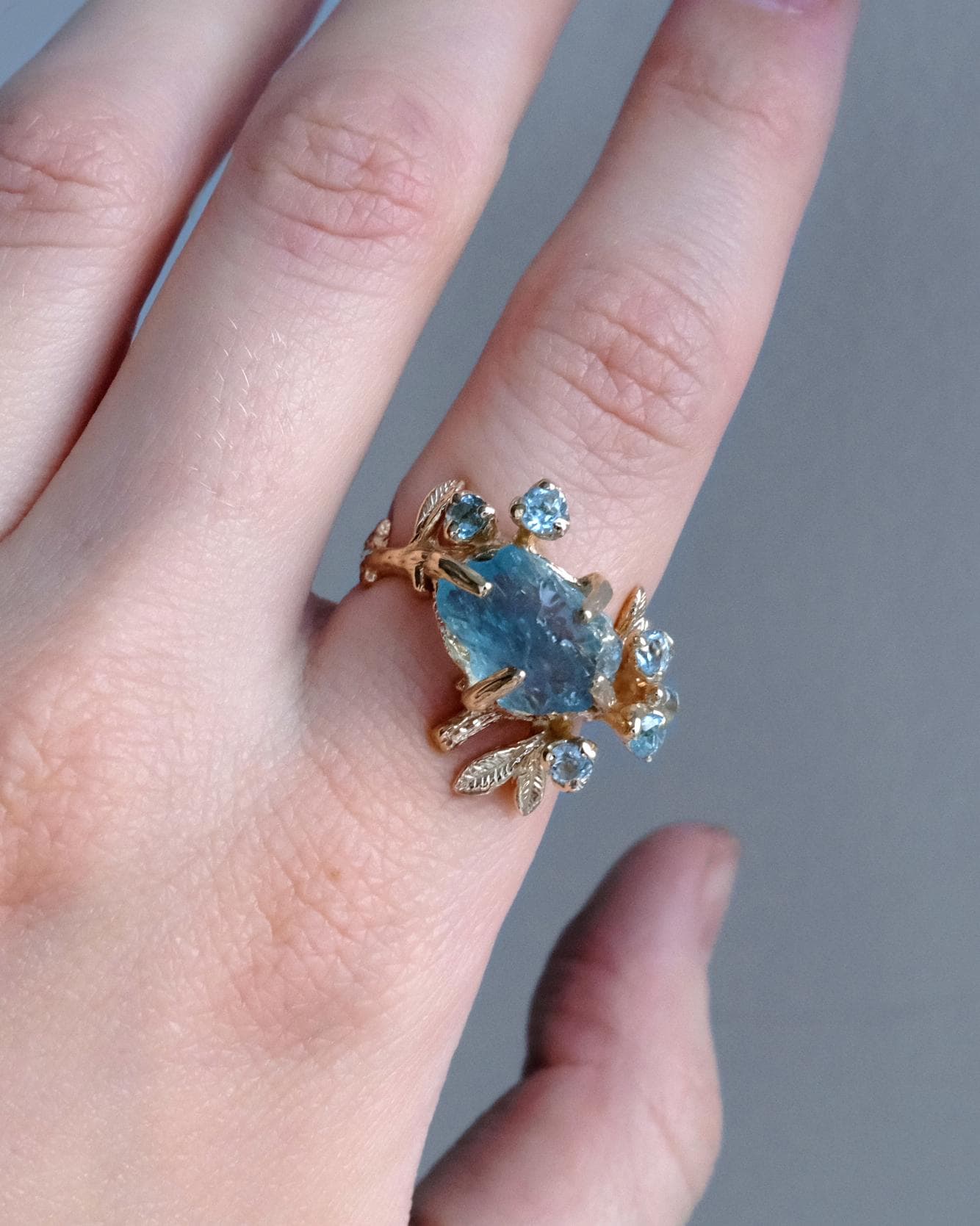 925 Sterling Silver Raw Aquamarine Branch Ring