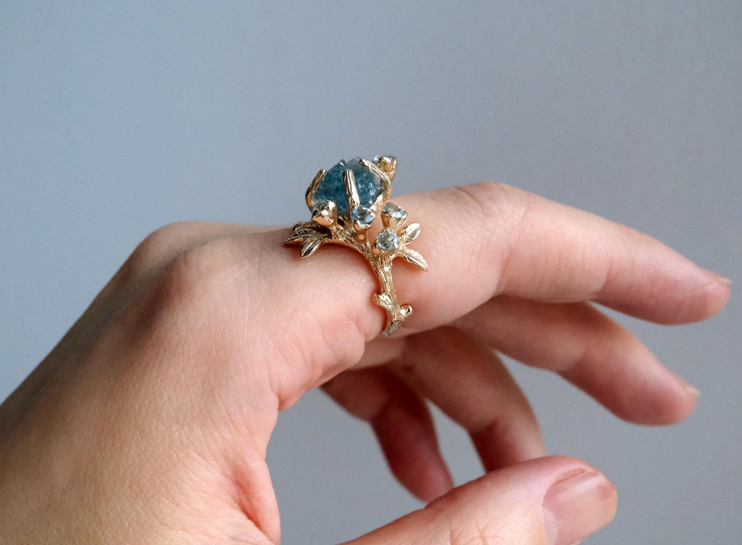 14K Solid Gold Raw Aquamarine Branch Ring