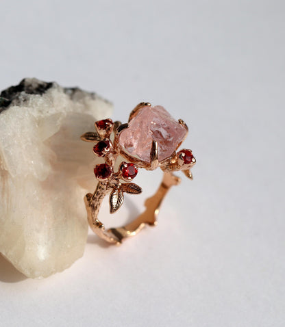 14K solid gold raw pink morganite branch ring