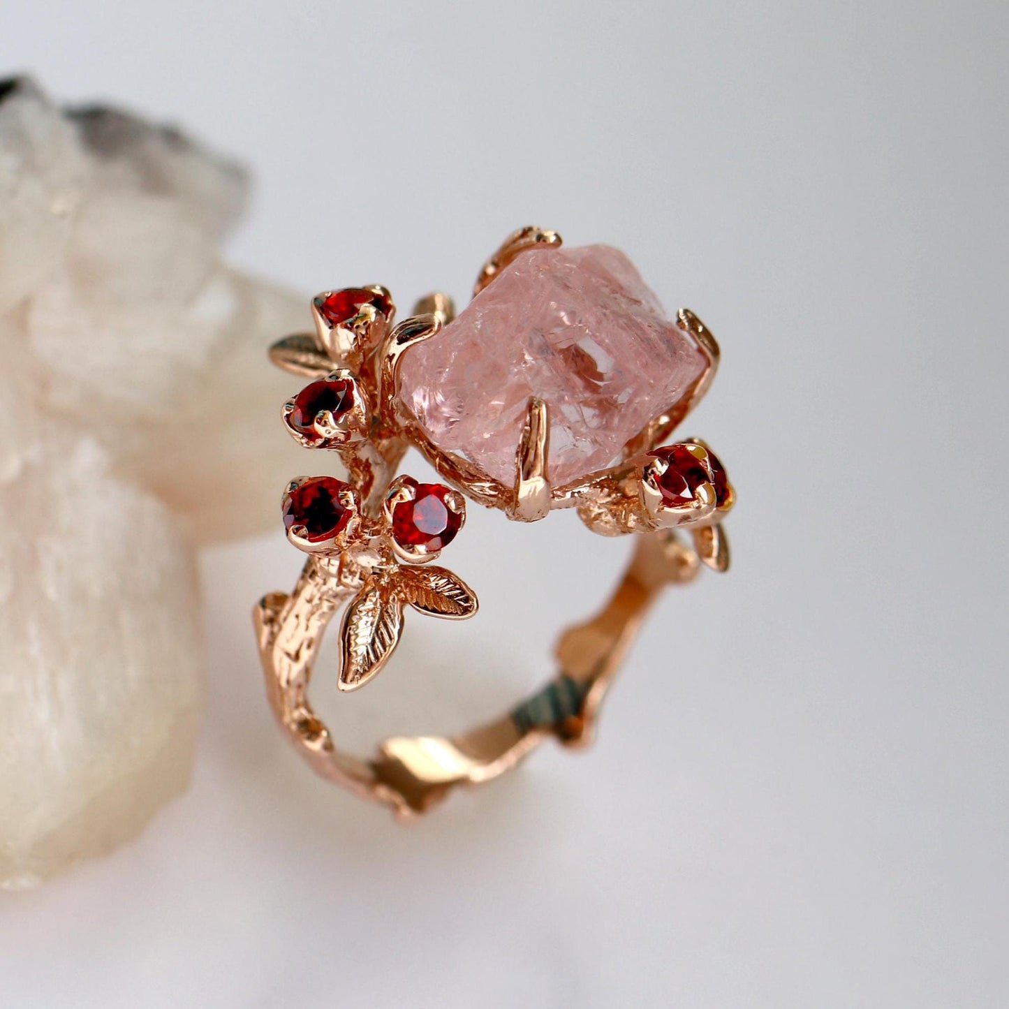 14K solid gold raw pink morganite branch ring