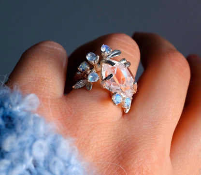 14K solid gold raw herkimer diamond ring