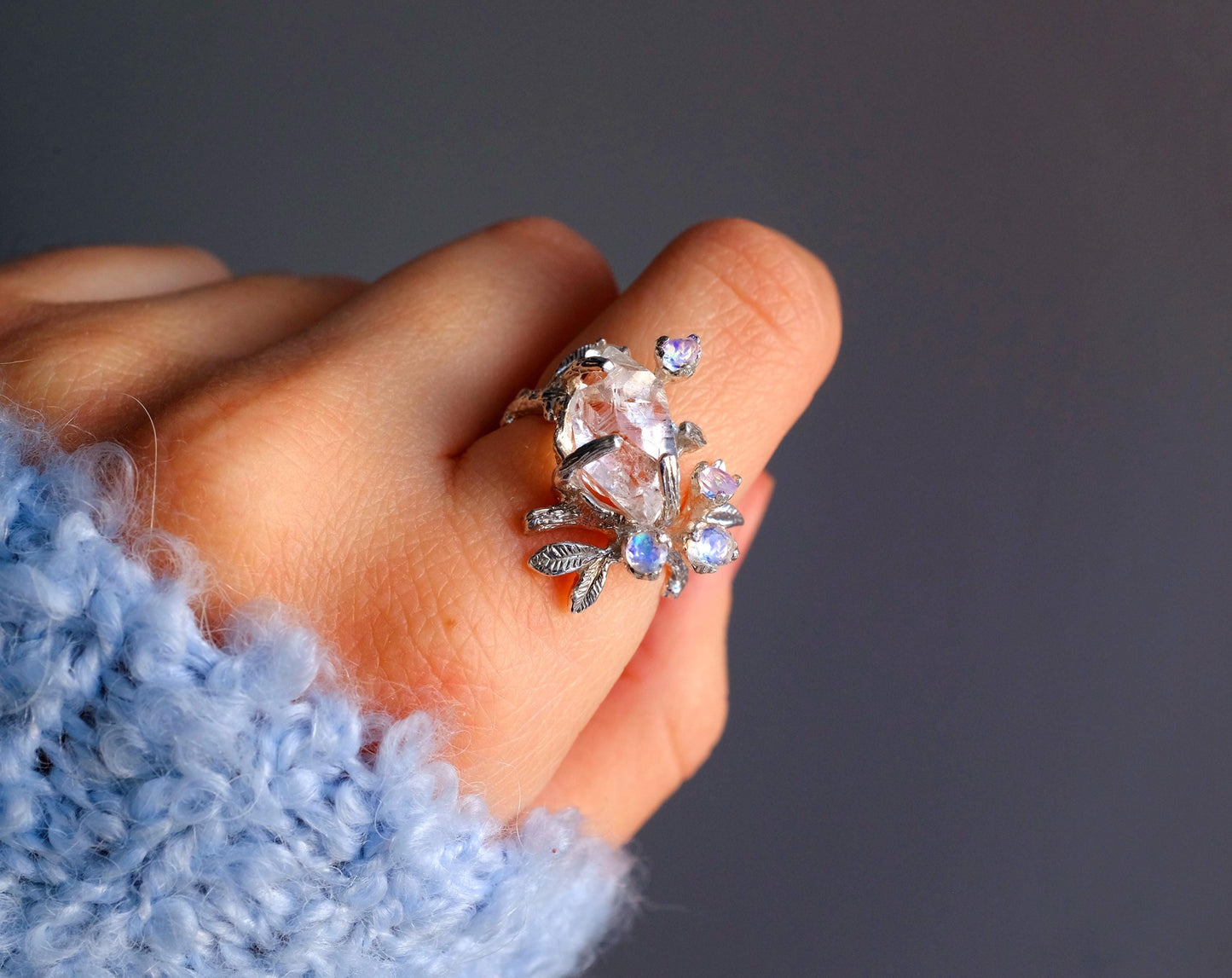 14K solid gold raw herkimer diamond ring