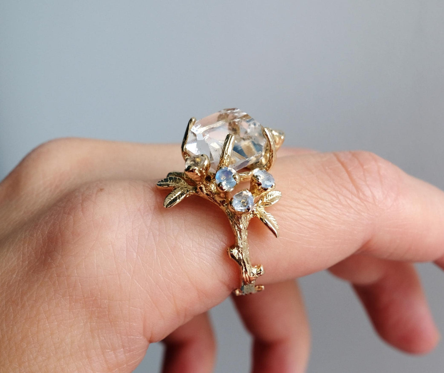 14K solid gold raw herkimer diamond ring