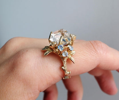 14K solid gold raw herkimer diamond ring
