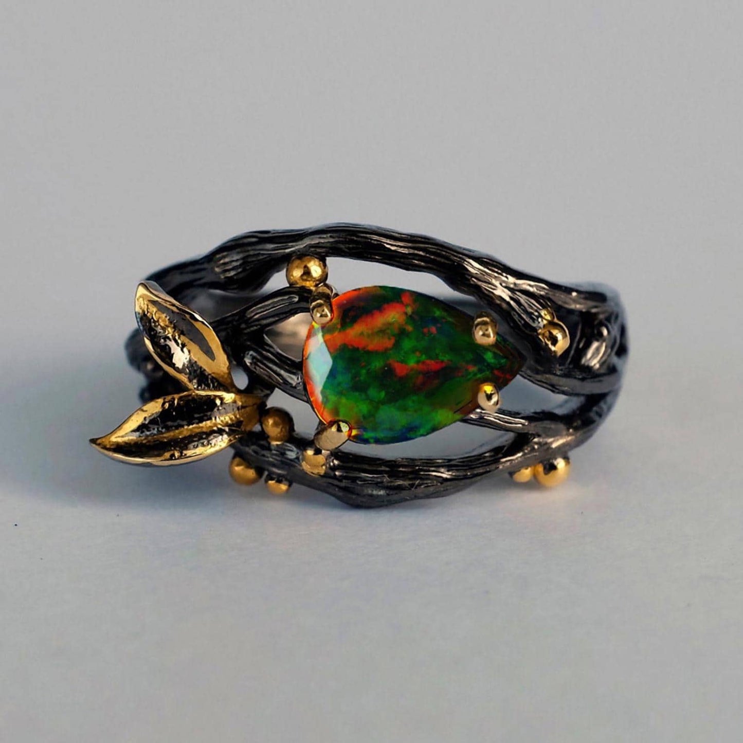 925 Sterling Silver Black Opal Branch Ring