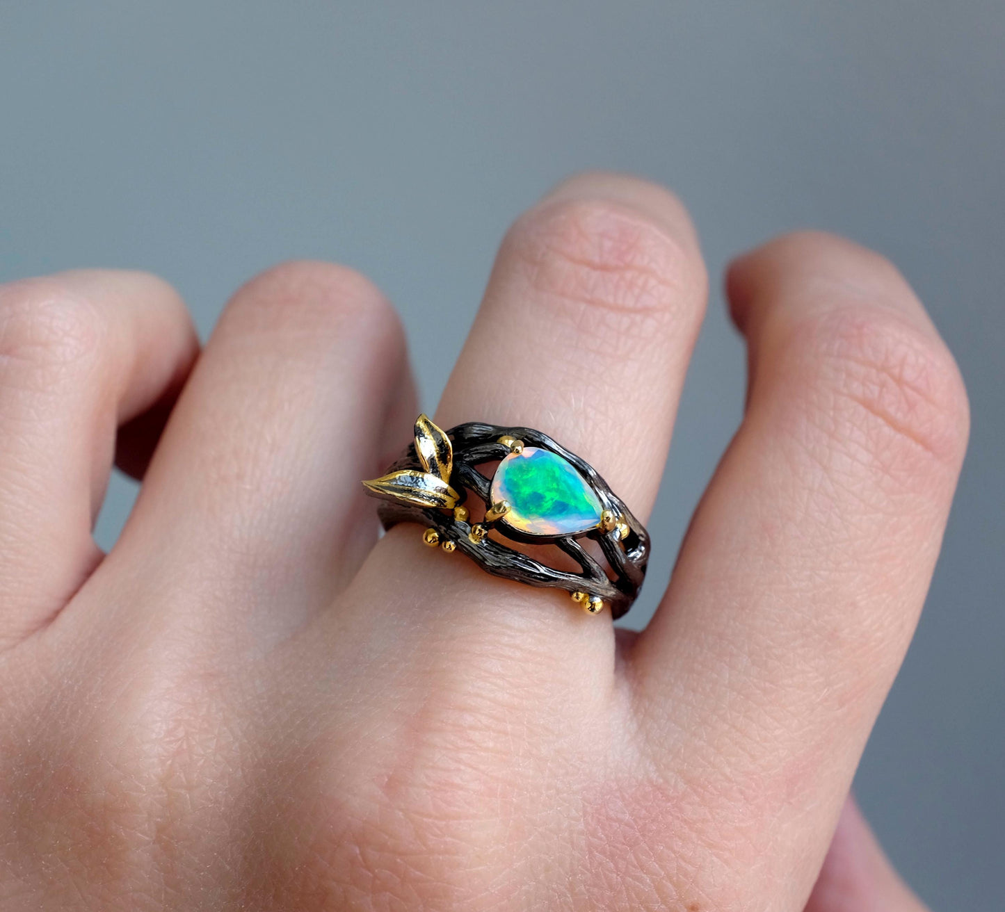 925 sterling silver rainbow opal branch pear ring