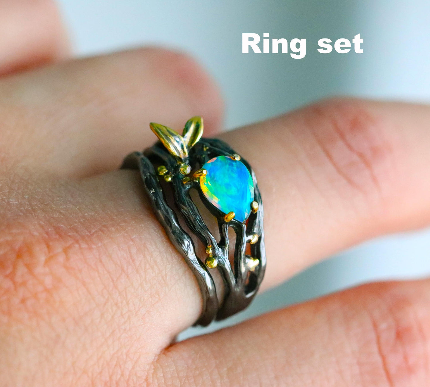 925 sterling silver rainbow opal branch pear ring