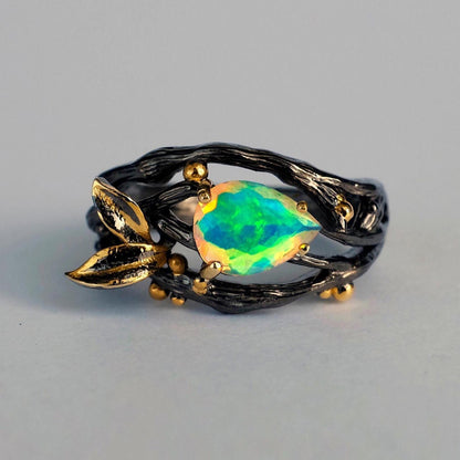 925 sterling silver rainbow opal branch pear ring
