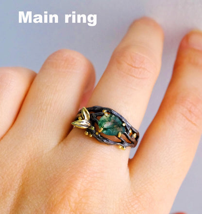925 Sterling Silver Moss Agate Kite Ring Set