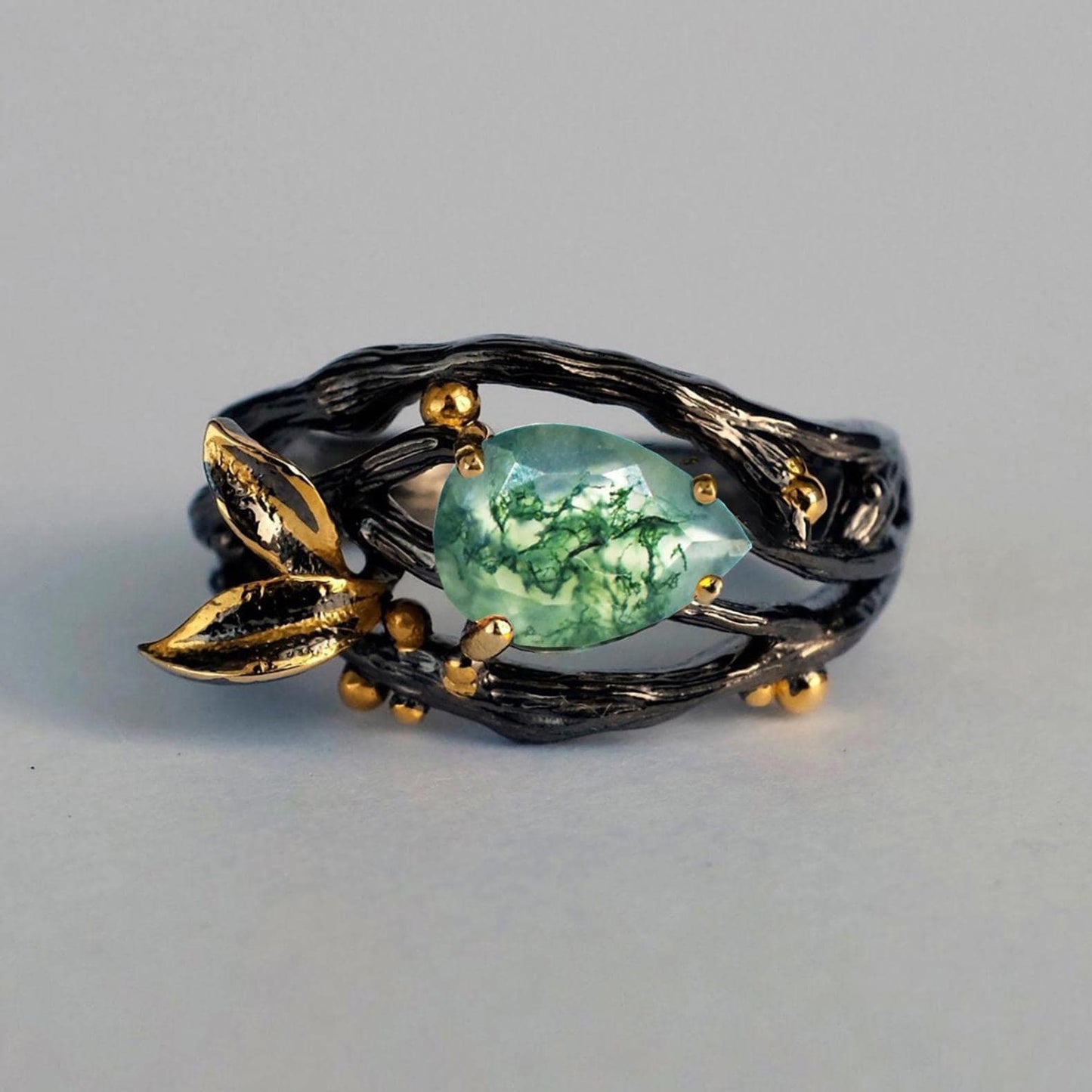 925 Sterling Silver Moss Agate Pear Ring