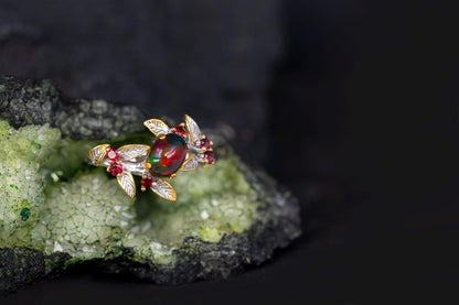 925 sterling silver rainbow opal leaf ring