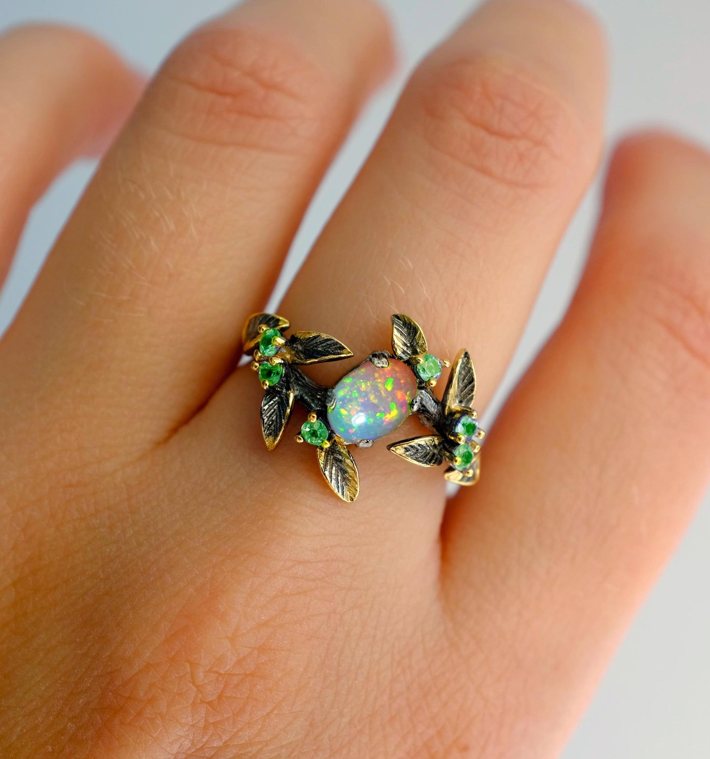 925 Sterling Silver Black Opal Branch Ring