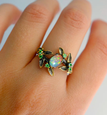 925 Sterling Silver Black Opal Branch Ring