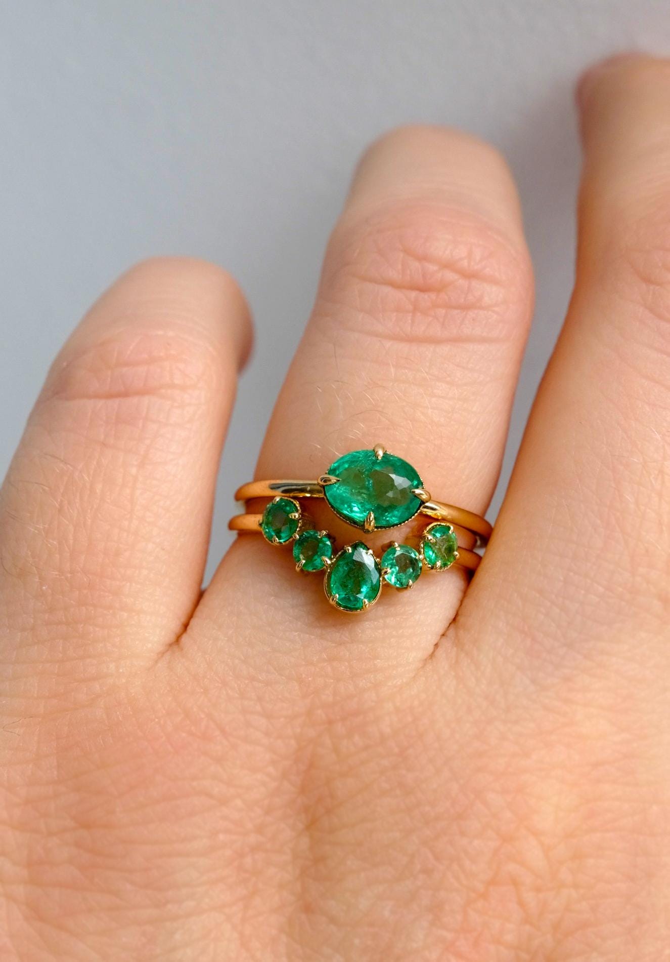 18K Solid Gold Emerald Engagement Ring Set