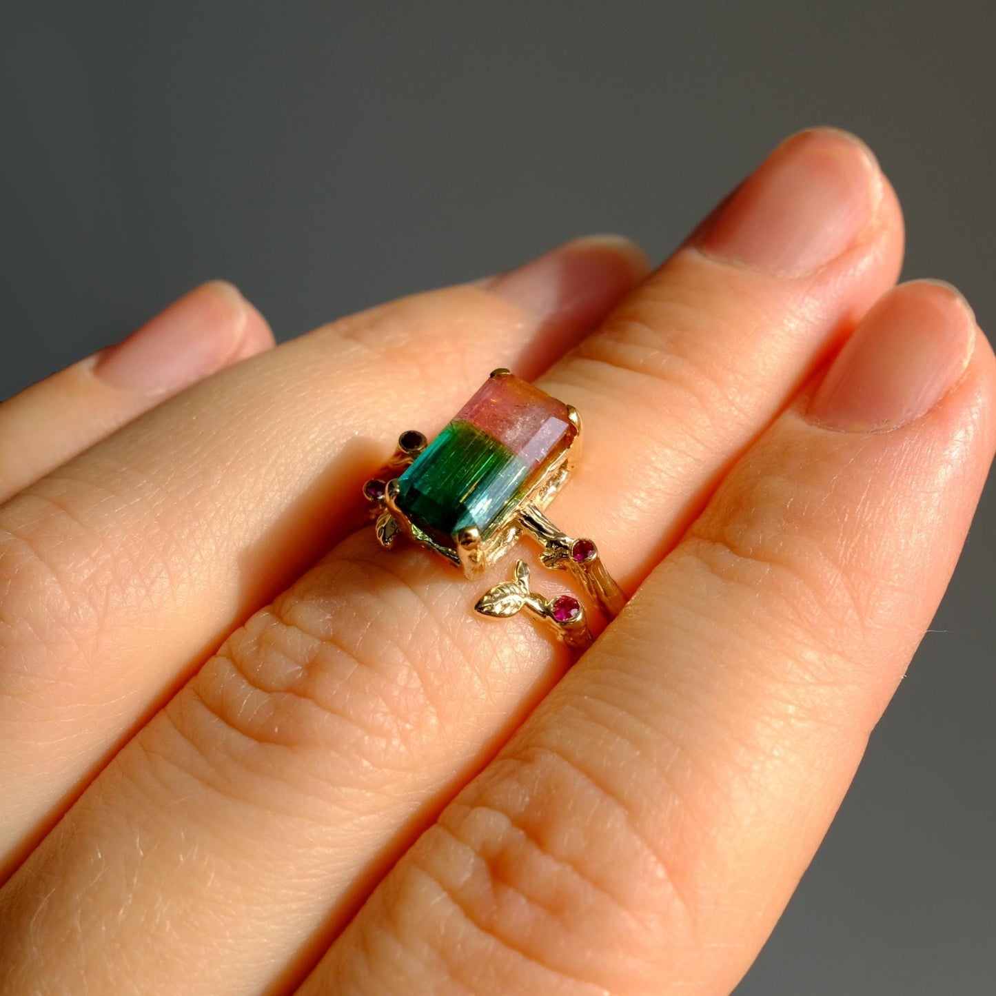 14K Solid Gold Watermelon Tourmaline Ring Set