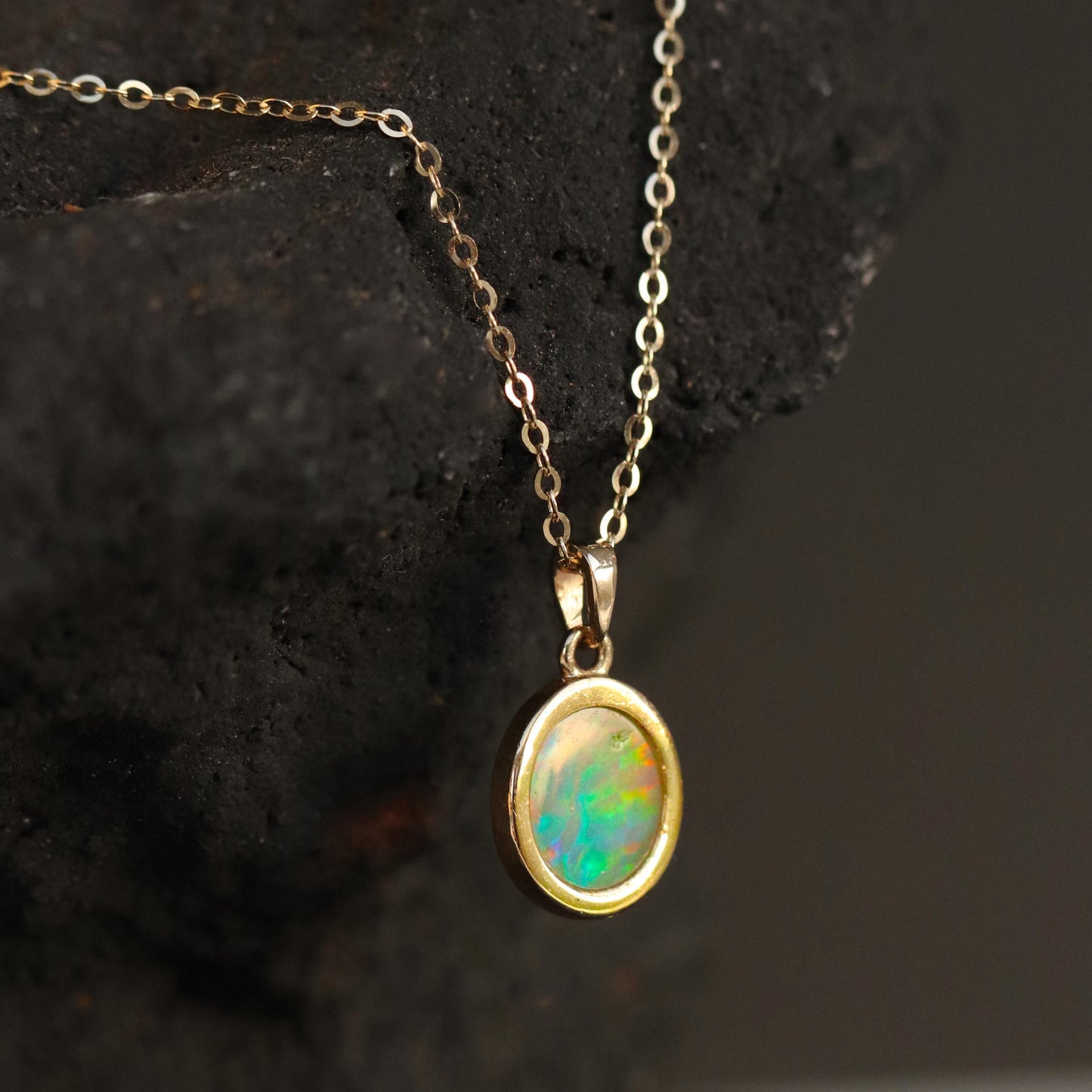 14K solid gold tiny oval opal necklace