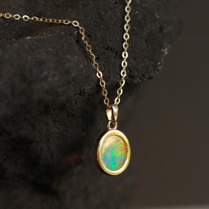 14K solid gold tiny oval opal necklace