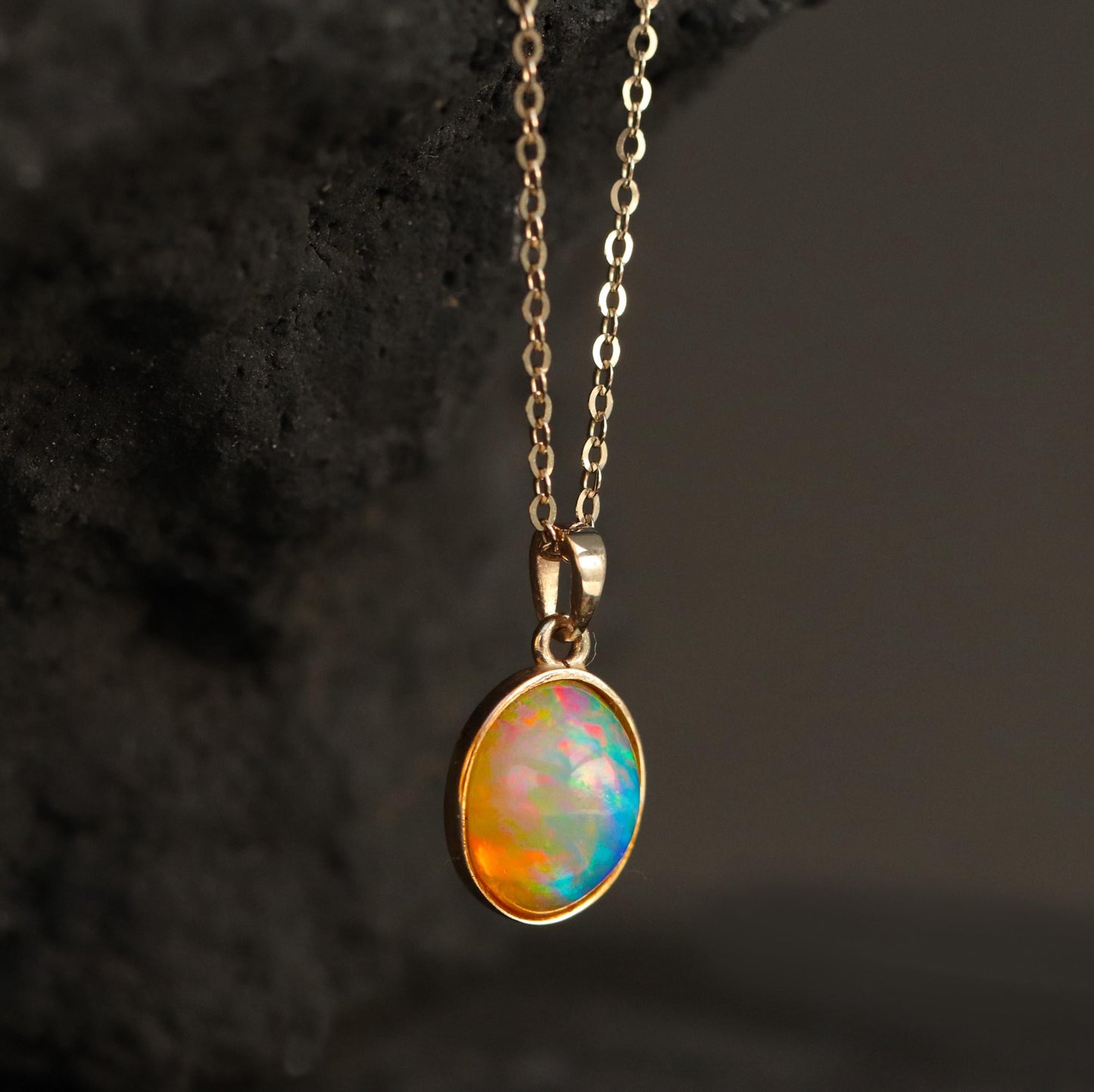14K solid gold tiny oval opal necklace