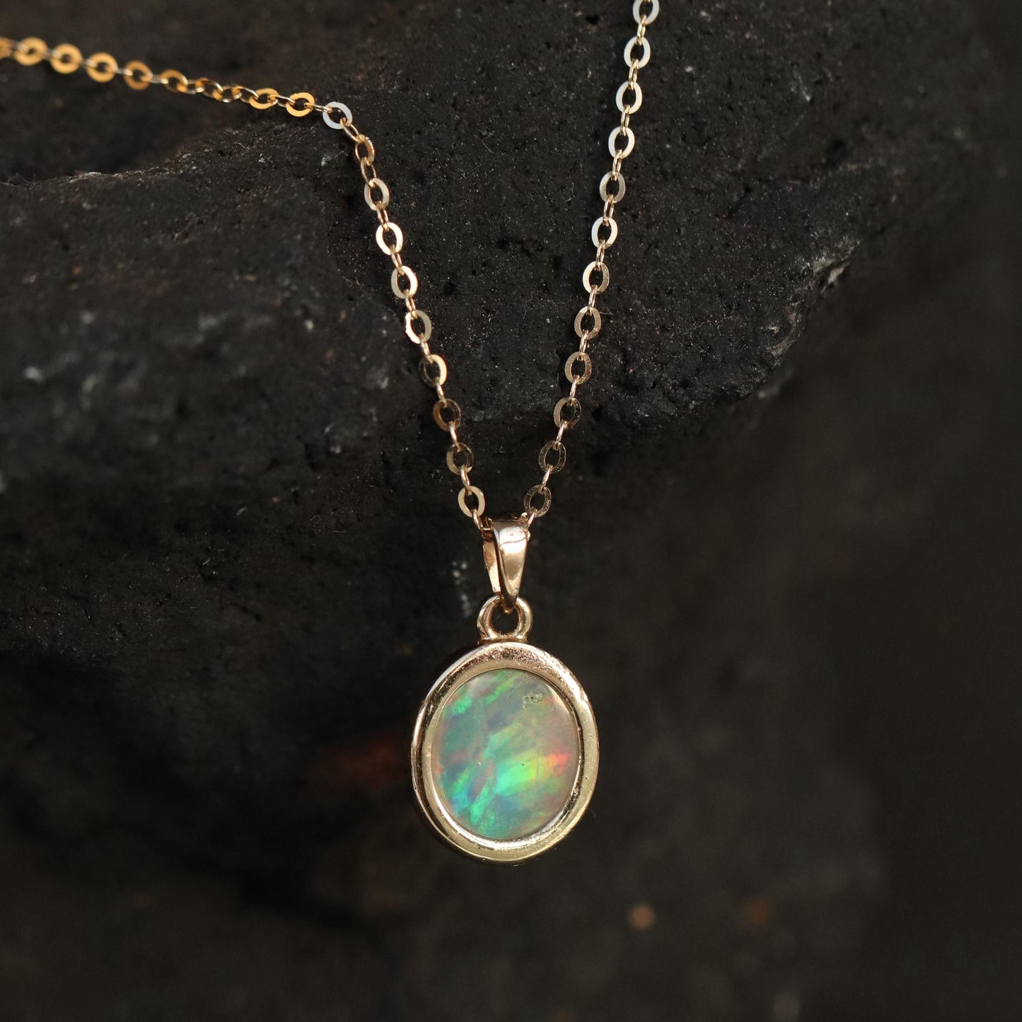 14K solid gold tiny oval opal necklace