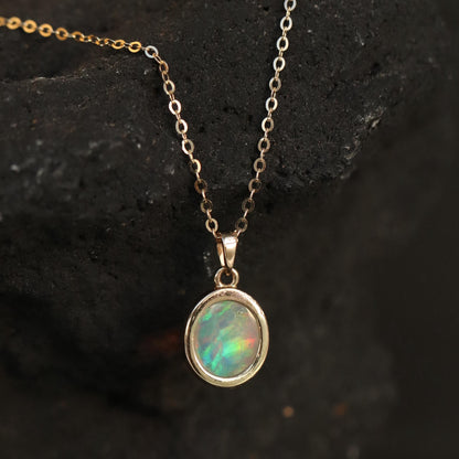 14K solid gold tiny oval opal necklace