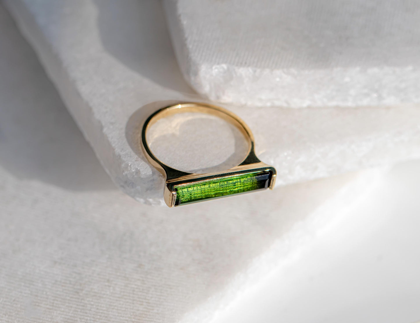 14K Solid Gold Green Tourmaline Baguette Ring