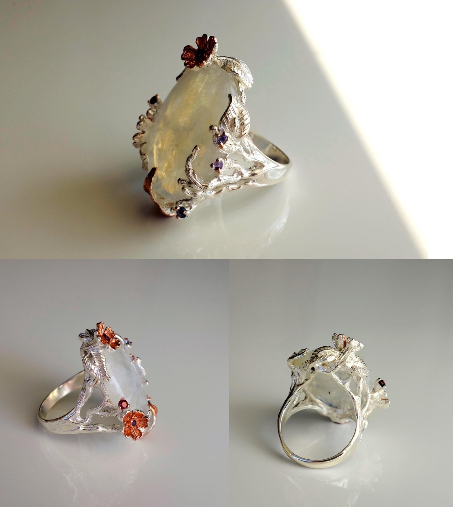 925 Sterling Silver Rainbow Moonstone Flower Ring